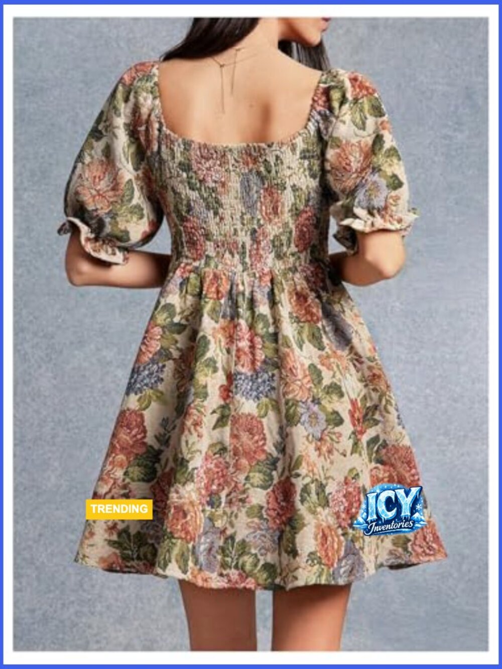 Women's Floral Square Neck Ruffle Short Dress Puff Sleeve Smocked A-Line - Picture 2 of 5